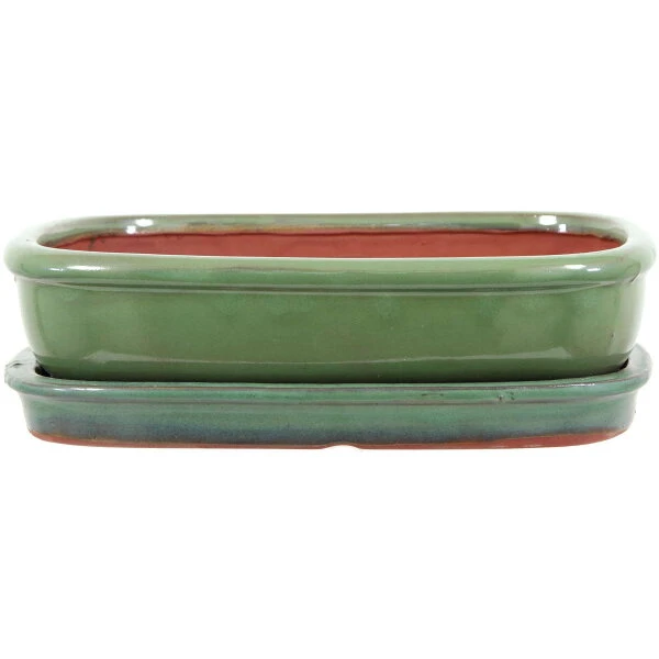 Bonsaischale Mit Untersetzer 25.5x19.5x6.5cm Grün Rechteckig Glasiert